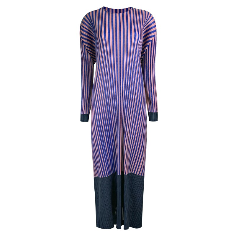 Pleated Striped Dress New Autumn Korean Fashion Casual Long Dress Long Sleeve Large Size Women Clothing