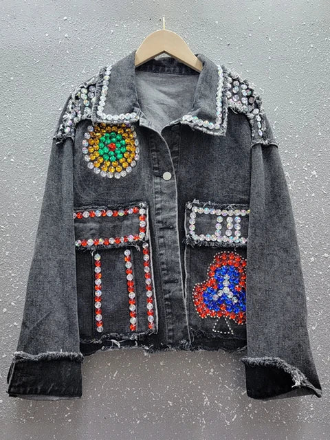 Spliced Diamonds Denim Jackets For Women Lapel Long Sleeve Loose Casual Streetwear Chic Coat Female Fashion Clothes