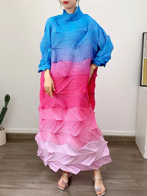 Pleated Gradient Long Dress Women Fashion Turtleneck Contrast Color Loose Dresses Casual