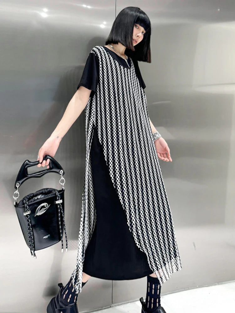 Women Black Irregular Mesh Big Size Casual Midi Dress New Round Neck Short Sleeve Fashion Tide Spring Summer