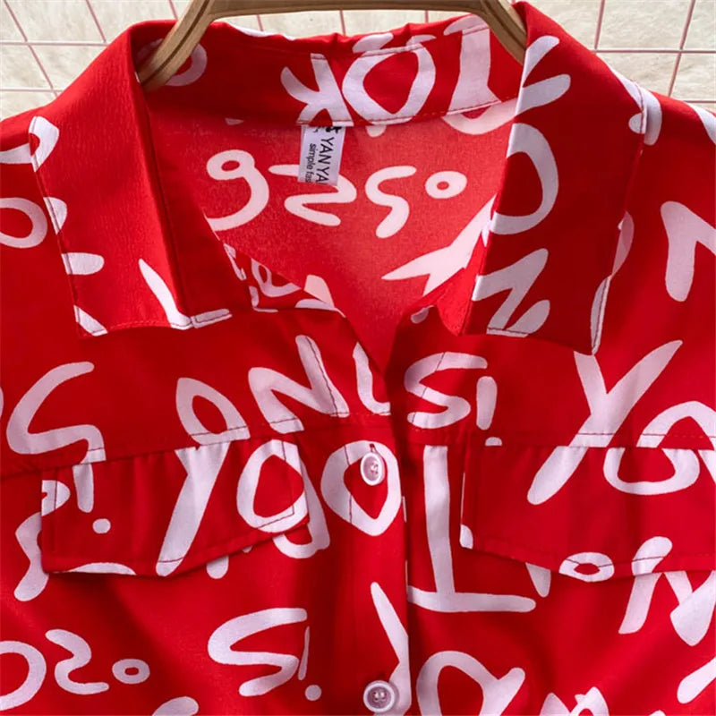 Summer Dress Women Single Breasted Lapel Short Sleeve High Waist Midi Long Dress Letter Print Fashion Casual Dresses Female