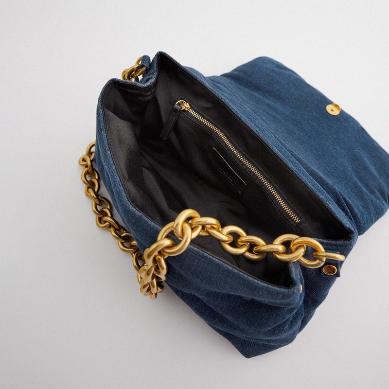 Dark Blue Denim Thick Metal Chain Shoulder Bag Women Winter Retro Large Capacity Buttons Soft Square Handbag Fashion Casual