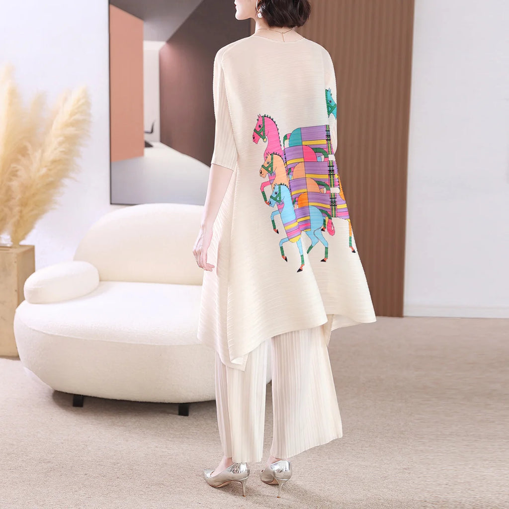 Fashion Suit Women's Summer New Casual Two-Piece Suit Miyake High-End Pleated Fashion Printed Plus Size Women's Clothing