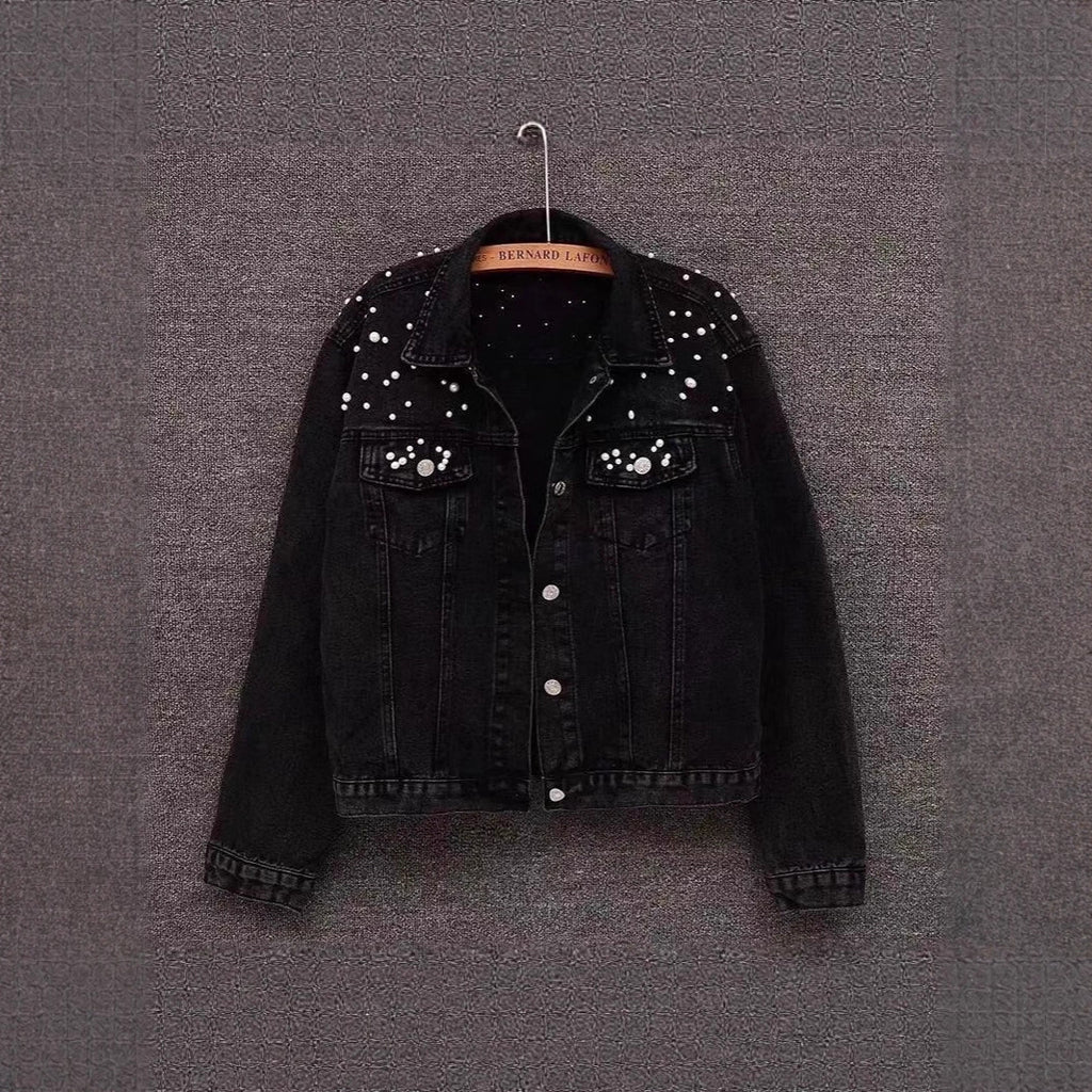 Printed Heavy Beaded Pearl Denim Jacket for Women, Slim Fit Casual Fashion Coat