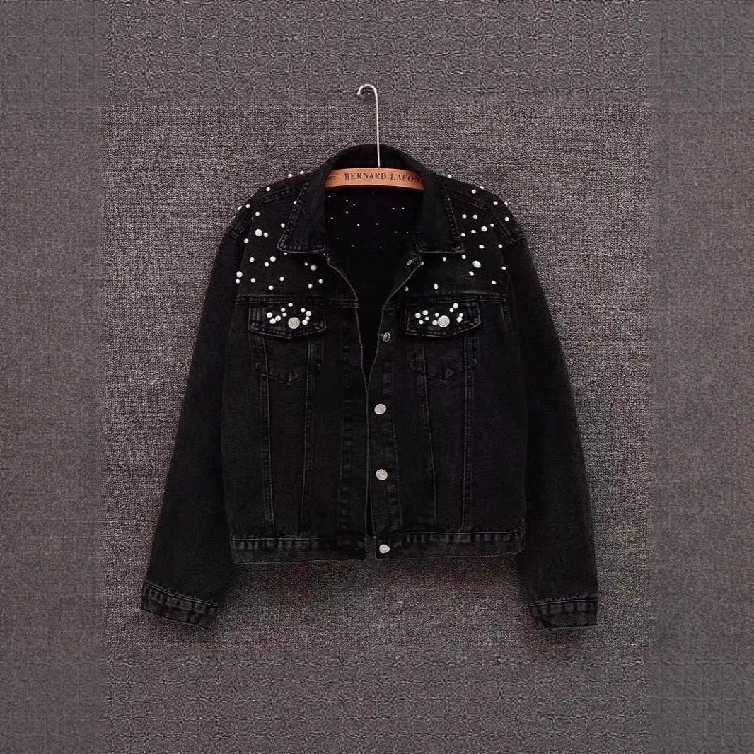 Printed Heavy Beaded Pearl Denim Jacket for Women, Slim Fit Casual Fashion Coat