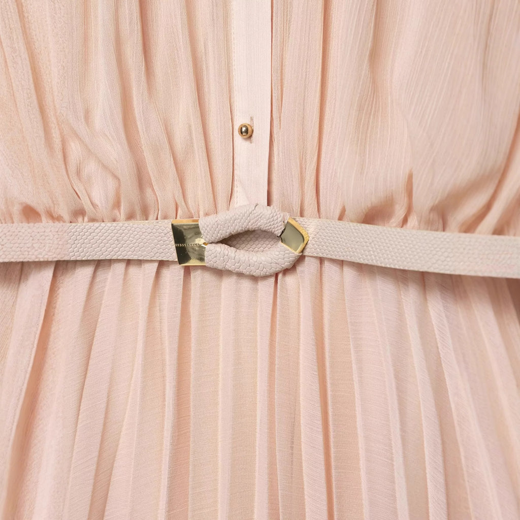 Women's Fashion Casual Waist Belt Pleated Midi Dress