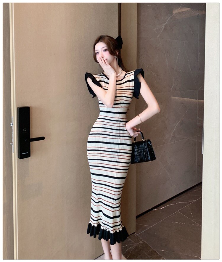 OFF summer streetwear chic korean new in fashion stripe bodycon knitted midi dresses for women casual ruffles O-neck dress femme