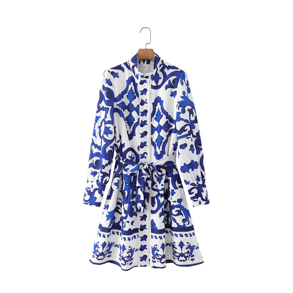 New Women's Fashion Casual Long-Sleeved Blue Positioning Dress