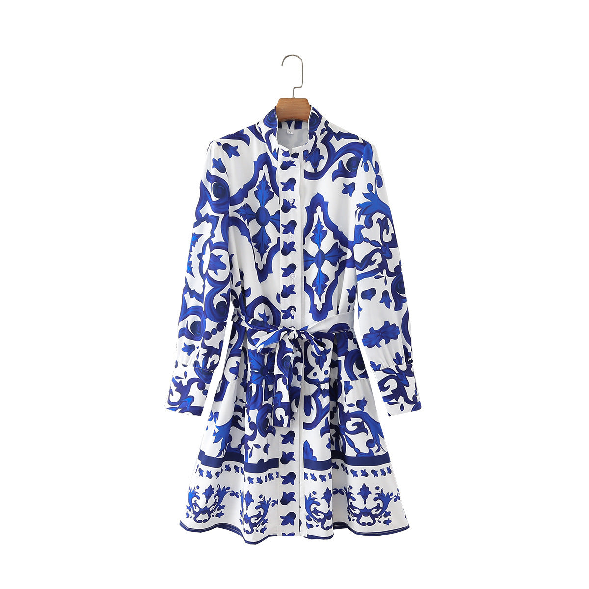 New Women's Fashion Casual Long-Sleeved Blue Positioning Dress