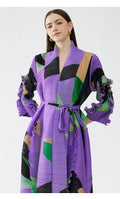 Pleated Print Loose Dress Women Laple Belt Spliced Ruffles Medium Long Casual  Spring Summer New Female Fashion