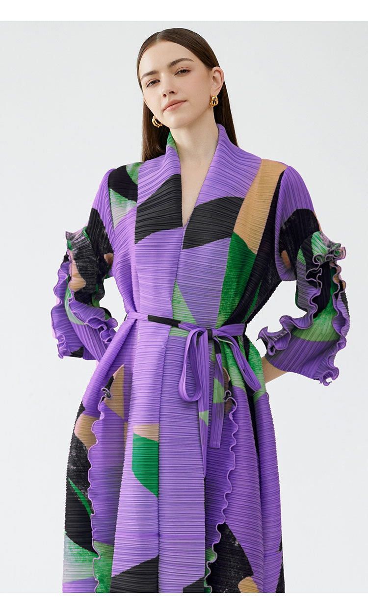 Pleated Print Loose Dress Women Laple Belt Spliced Ruffles Medium Long Casual  Spring Summer New Female Fashion