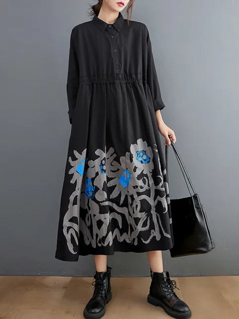 Pleated Print Casual Dress Women Korea Autumn New Arrival Personality Fashion Loose Turn-down Collar Dress