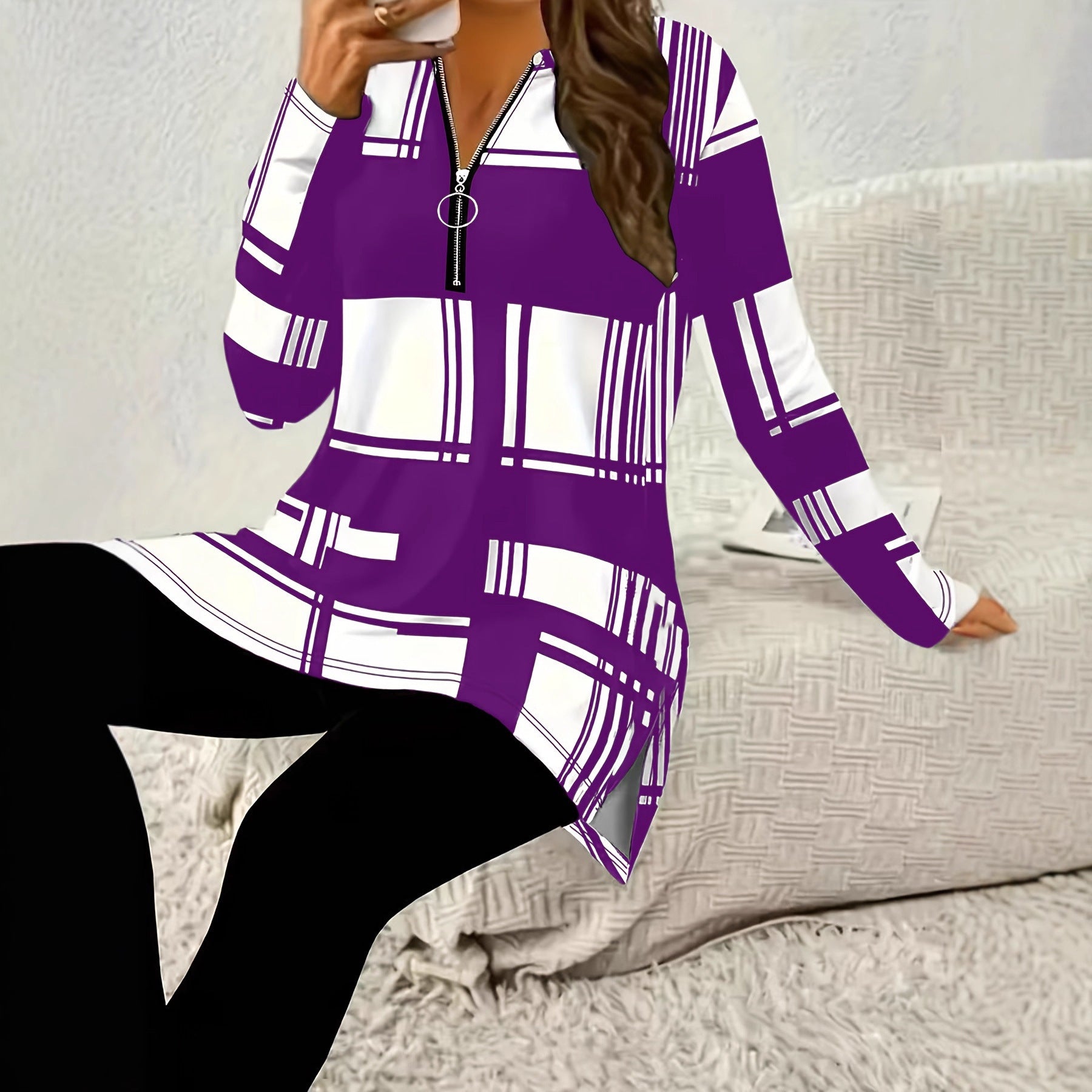 Elegant Women's Long Sleeve Zipper Shirt with Digital Print Casual Fashion