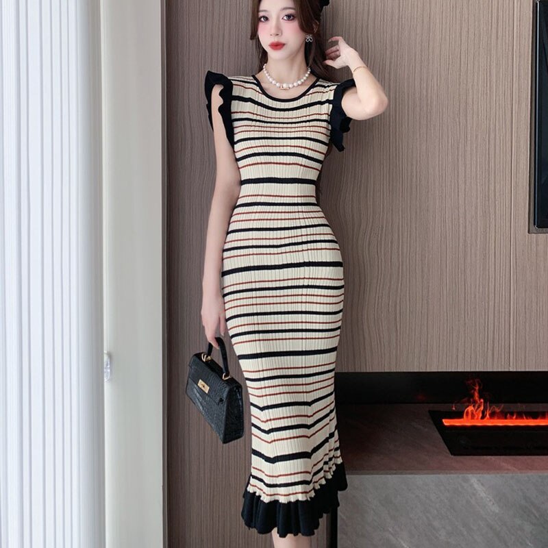OFF summer streetwear chic korean new in fashion stripe bodycon knitted midi dresses for women casual ruffles O-neck dress femme