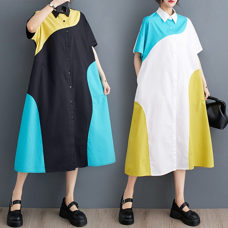 Casual Shirt Dress Loose Fashion Contrast Color Short Sleeve