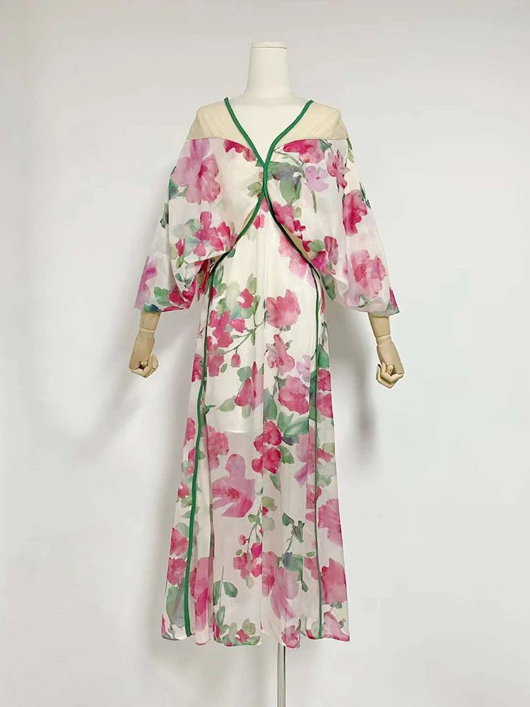 Hit Color Floral Printing Loose Casual Dress For Women V Neck Long Sleeve High Waist Split Loose Dresses Female Fashion New