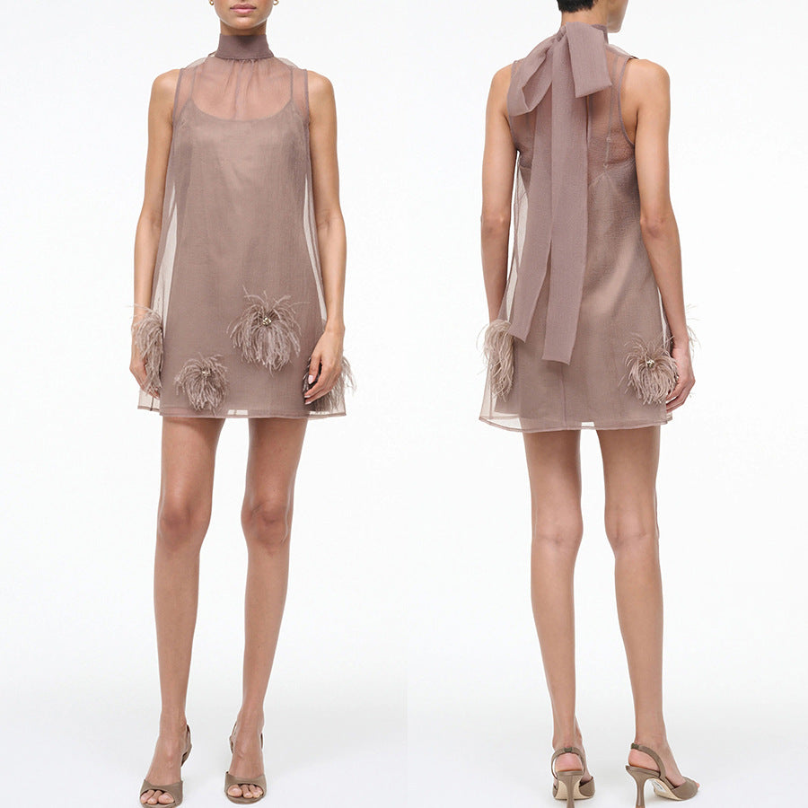 Chic Belted Sleeveless Dress for Women  Zipper Front, Casual Party Wear, Autumn and Spring Fashion Dress