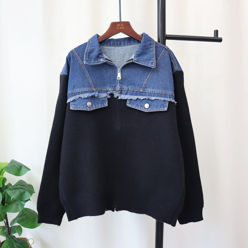 Splicing denim knit cardigan, loose casual versatile zipper sweater jacket, women's fashion
