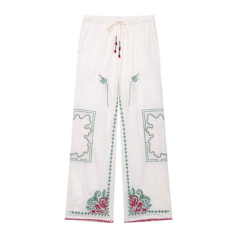 Style Women's Fashion Casual Embroidered Shirt with Belted Pants