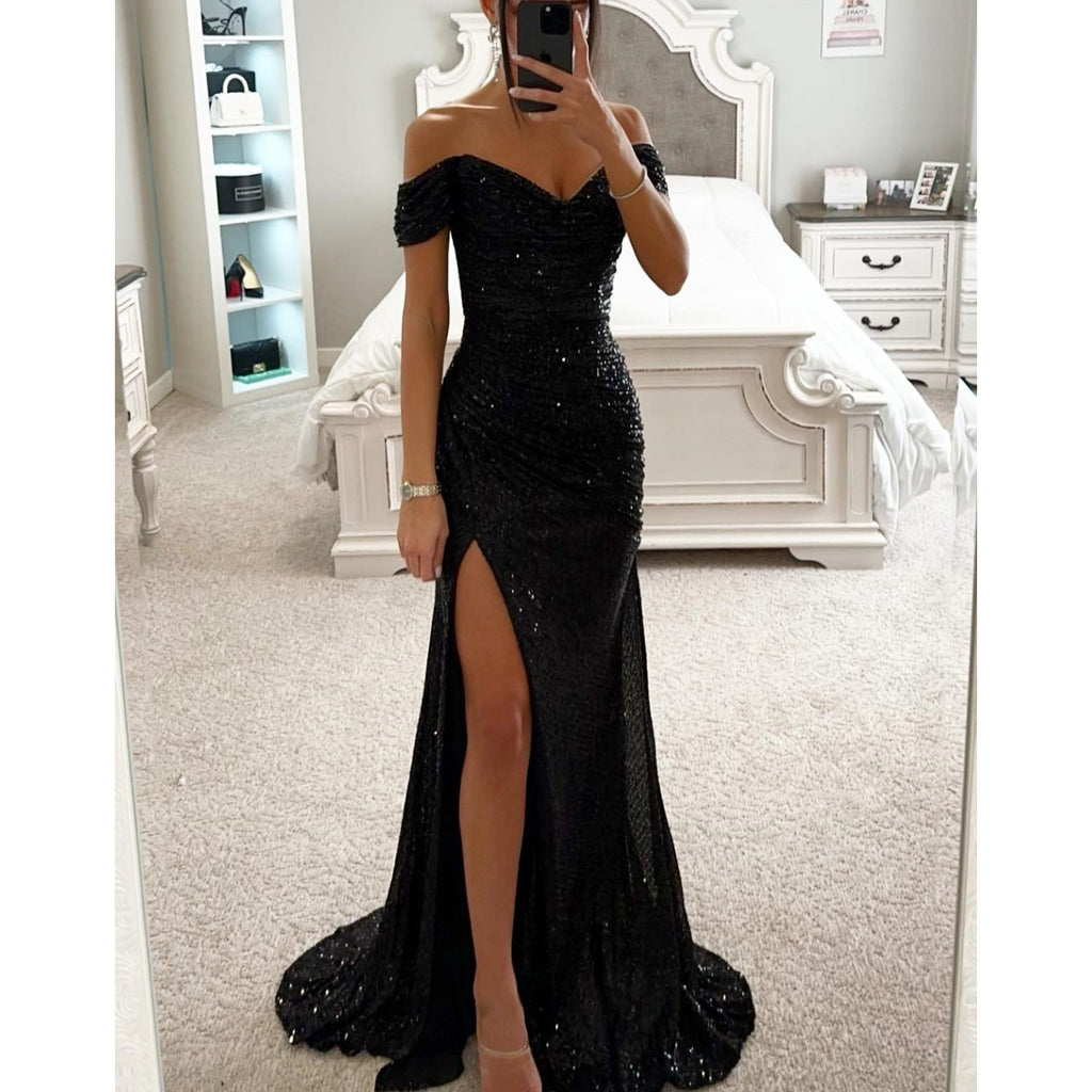 Party Sequin One-Shoulder Slit Dress INS Casual Fashion Dress for Women