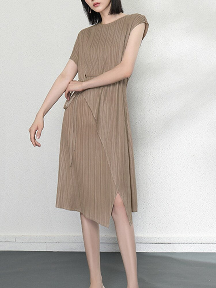 Fashion Pleated Dress For Women New O-neck Short Sleeve Irregular Lace Up Long Casual Dresses Female