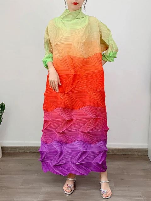 Pleated Gradient Long Dress Women Fashion Turtleneck Contrast Color Loose Dresses Casual