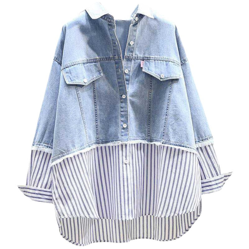 Denim Shirt Women's Spring New Korean Style Fashion Loose Casual Striped Stitching Long Sleeve Shirt