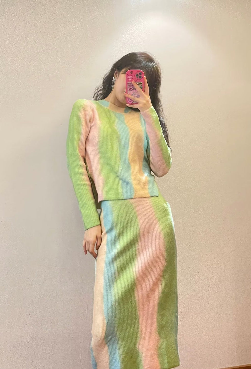 Women Fashion Rainbow Striped Knitting Straight Skirt