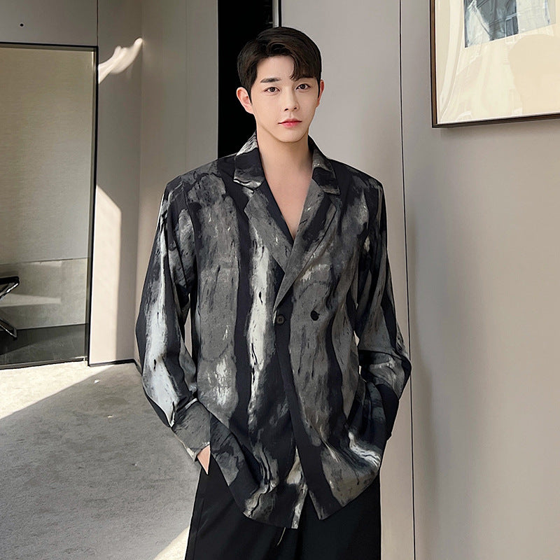 Ink tie dye long sleeved shirt splashed ink suit collar shirt for men