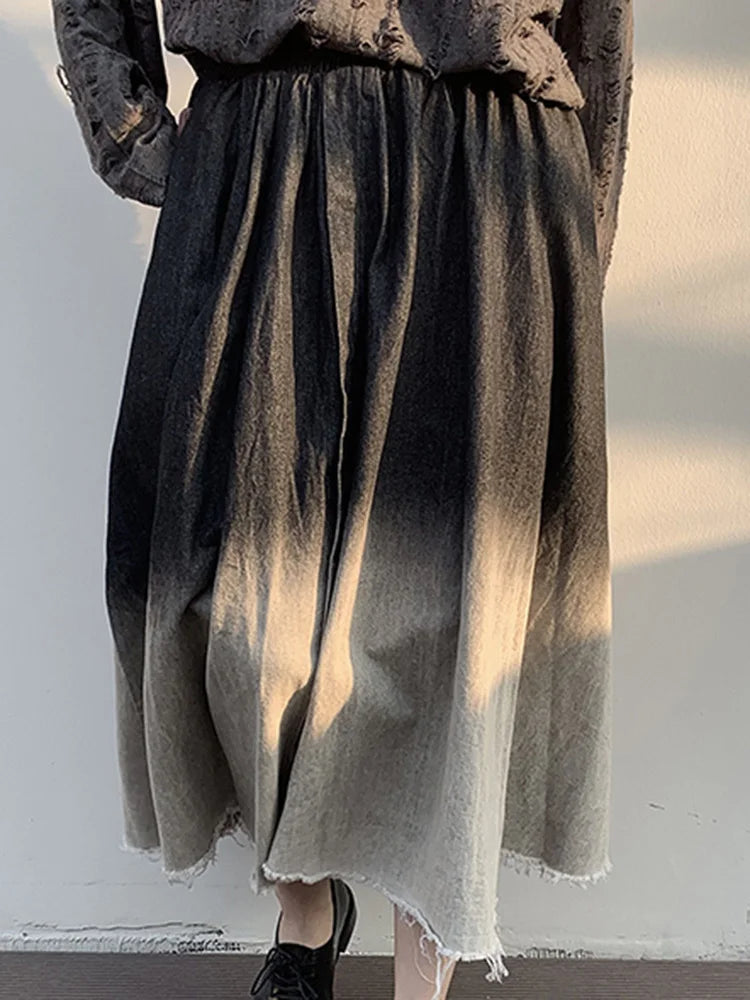 High Elastic Waist Gradual Color Burr Denim Long Casual Half-body Skirt Women Fashion Tide New Spring Autumn
