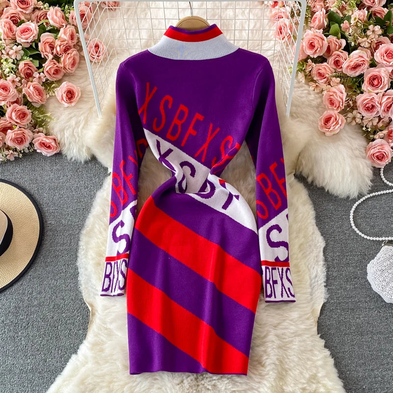 Knitted Dress Women  New Autumn Fashion Zipper Long Sleeve High Waist Midi Long Dress Ladies Slim Casual Dresses