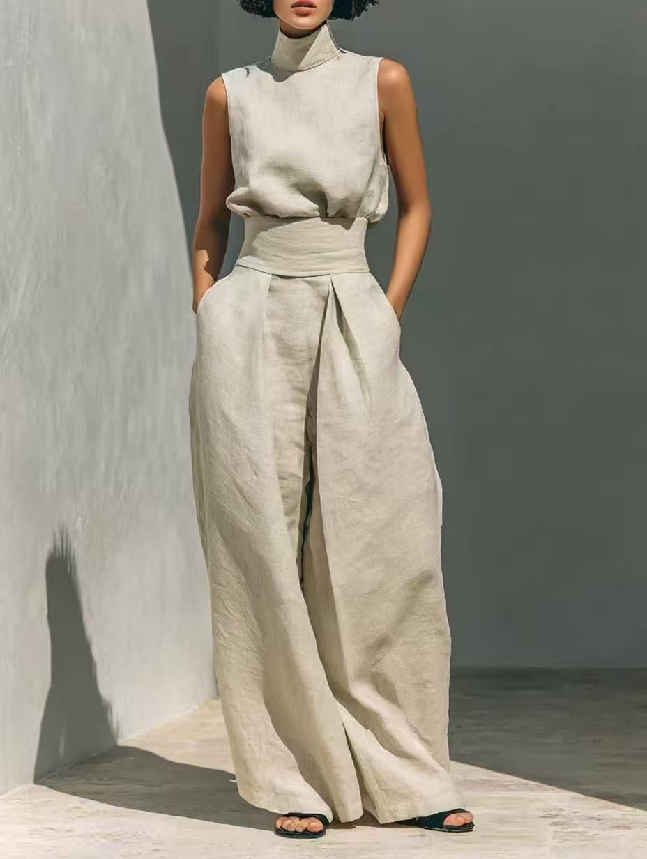 Spring 2026 solid-color elegant women's blended sleeveless top and wide-leg