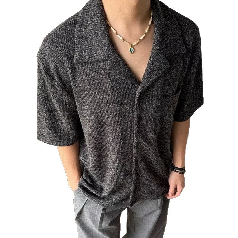 Classic Cuban Collar Textured Shirt Short Sleeve Men Top