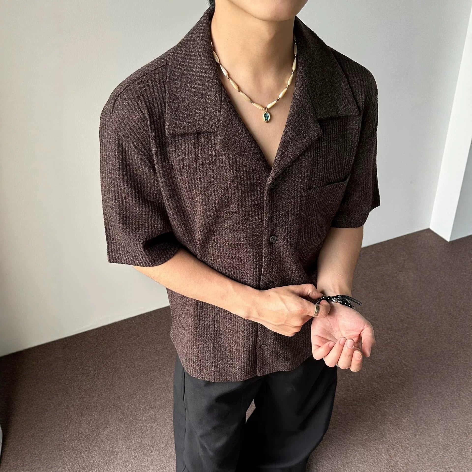 Classic Cuban Collar Textured Shirt Short Sleeve Men Top