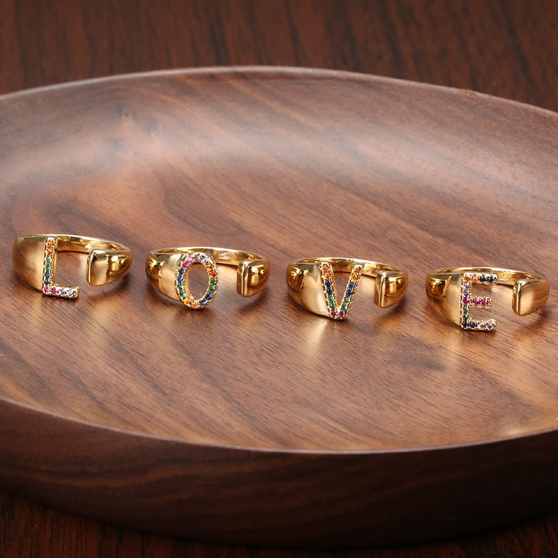 Adjustable A-Z Initial Ring Bohemian Copper Zircon Rainbow Letter Ring