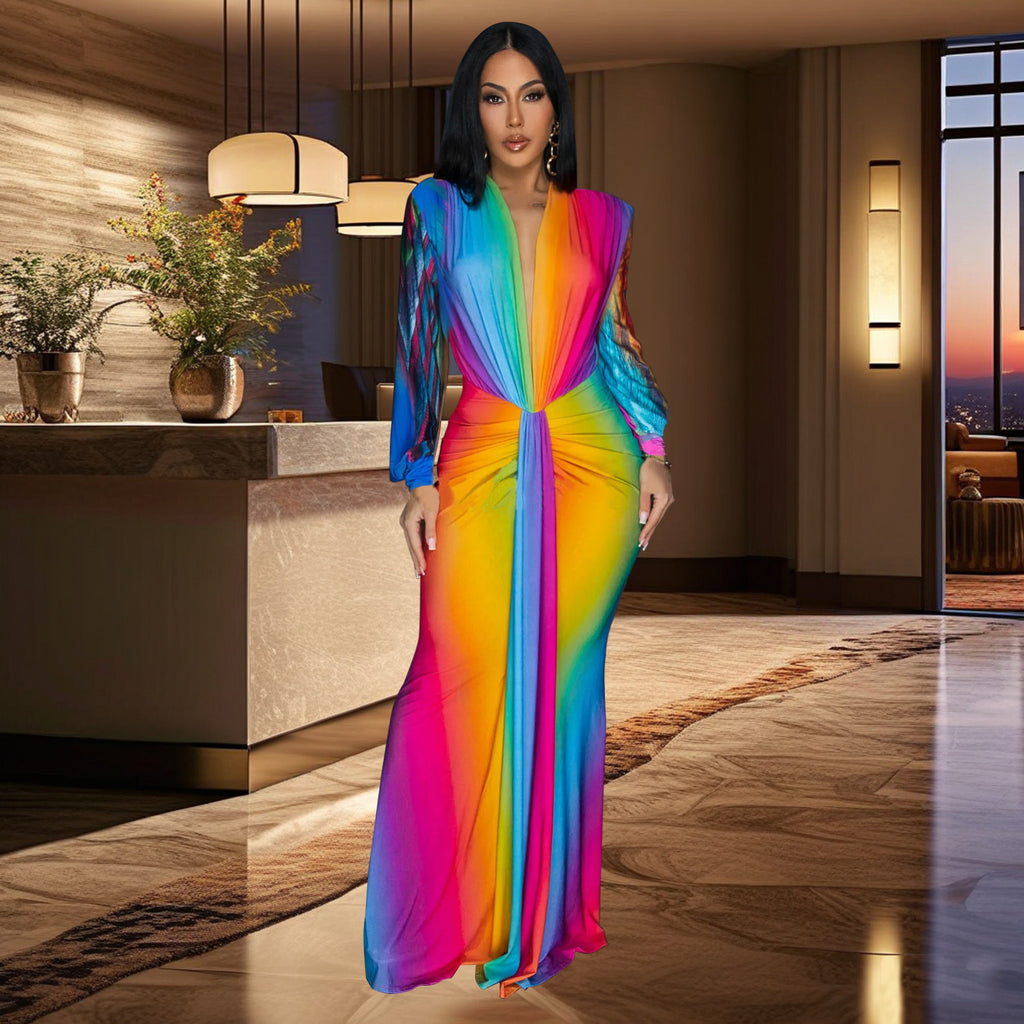 Fashion Women's Pleated Color-block Casual Dress Long