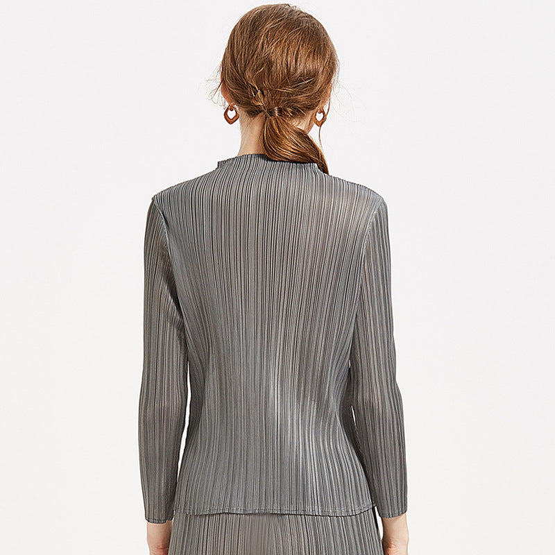 Simple classic style pleated women's long-sleeved tops women's spring stand-up collar long-sleeved tops T-shirt