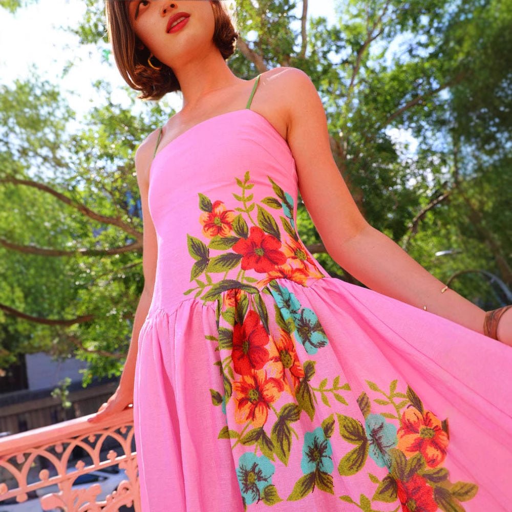 Fashion thin suspender printed backless dress for women