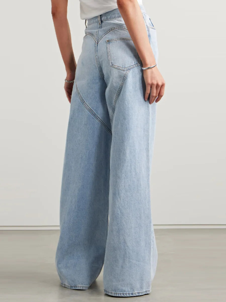 Women Denim Pants Autumn High Waist Hollow Out Rhinestone Loose Casual Long Wide Leg Jeans All Match Fashion New