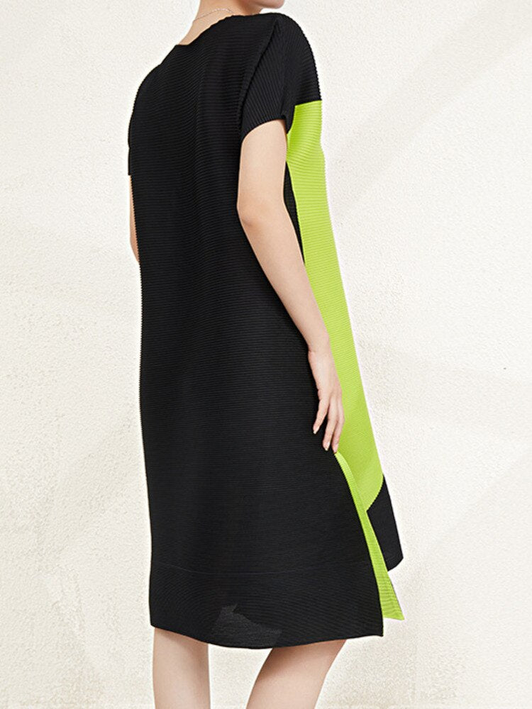 Pleated Dress For Women Fashion Printed Round Neck Short Sleeves Contrast Color A-line Dresses Casual