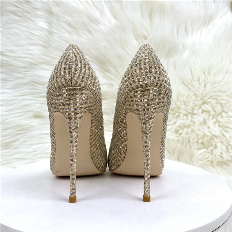 Plaid Glitter Gold Sequined Women Pointy Toe High Heels Classic Wedding Party Shoes Shiny Bling Slip On Stiletto Pumps