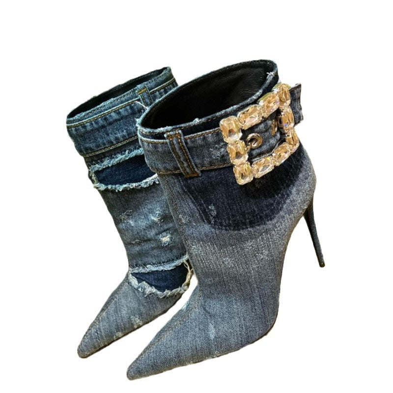 New Rhinestone Denim Buckle Booties Sexy Pointed Toe Stiletto High Heels Fashion Casual Versatile Blue Sleeve French Bare Boots