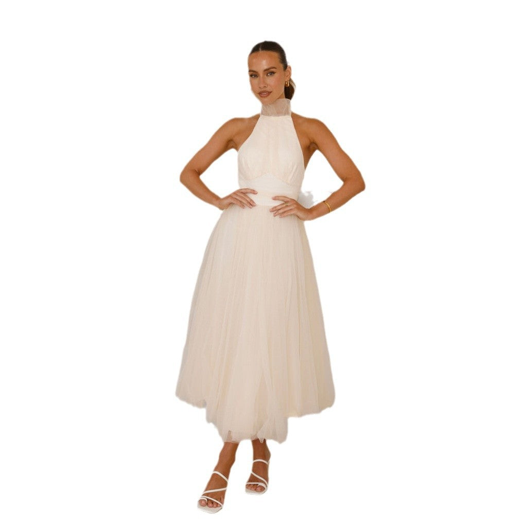 Fashion mesh high neck casual hanging neck dress for women