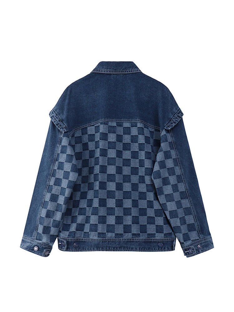 Women's Plaid Patchwork Jean Jacket Vintage BF Style Y2K Harajuku Single Breasted Fashion Casual Streetwear Hip Hop Denim Coats