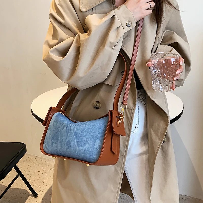 Fashion Women Pu Leather Handbag Large Capacity Denim Shoulder Bags For Women Casual Zipper Clutch Phone Sac Crossbody Bags