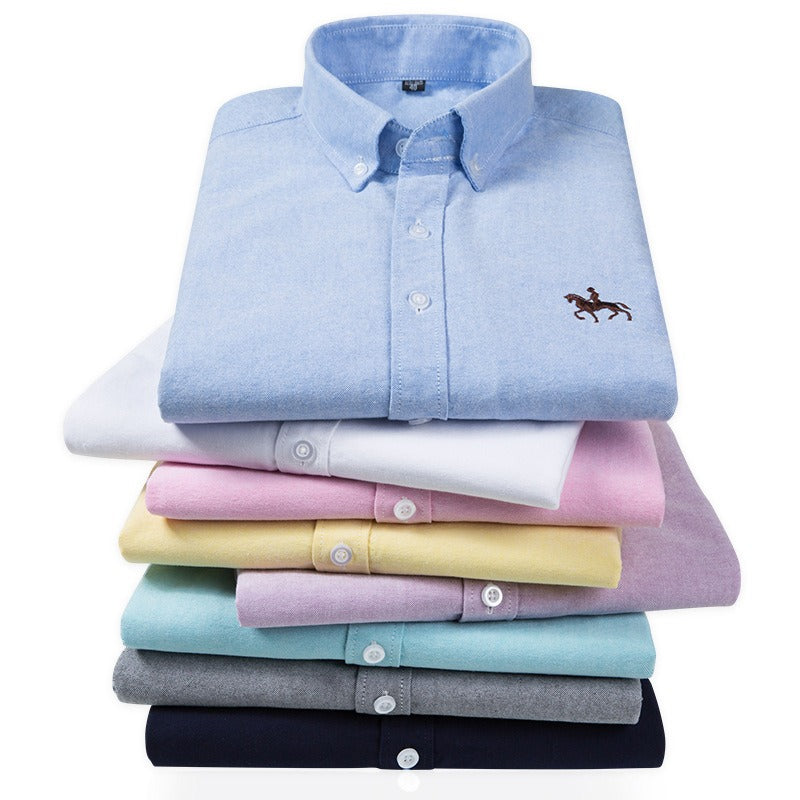 Pure cotton men's long-sleeved Oxford shirt for young and middle-aged men embroidered large size