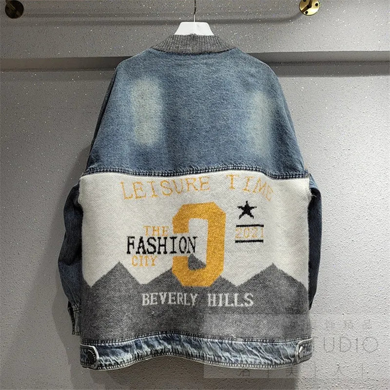 Streetwear Women Jeans Jacket Knit Spliced Pocket V-Neck Fashion Patchwork Denim Jackets  Autumn Loose Jeans Coat Female