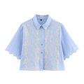 Style Women's Fashion Casual Collar Embroidered Short Sleeve Crop Shirt