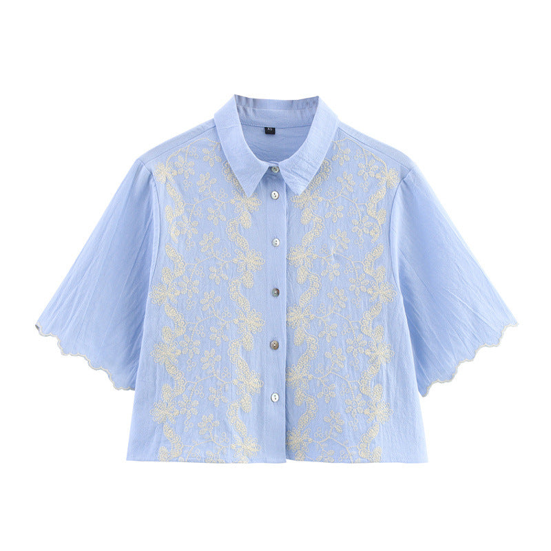 Style Women's Fashion Casual Collar Embroidered Short Sleeve Crop Shirt