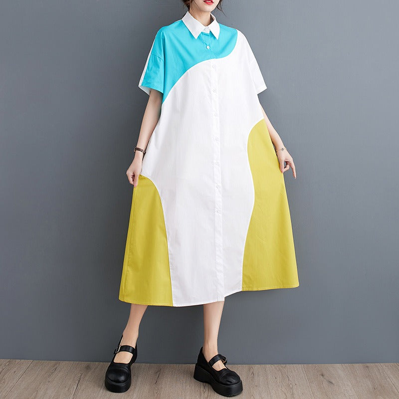 Casual Shirt Dress Loose Fashion Contrast Color Short Sleeve